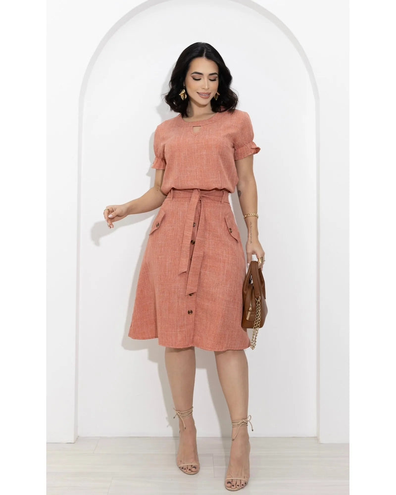 Conjunto Saia e Blusa Linho Decote Gota