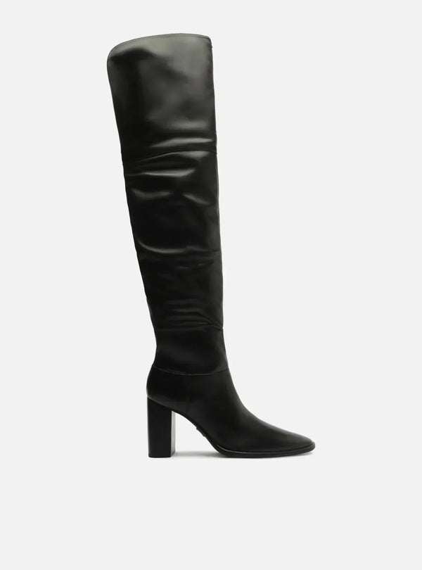 Bota Over The Knee Preta Couro Salto Alto