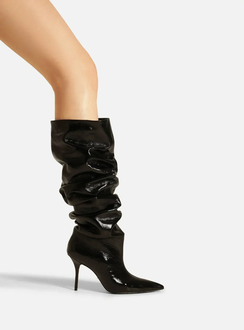 Bota Preta Couro Crinkle Cano Longo Salto Alto Slouch