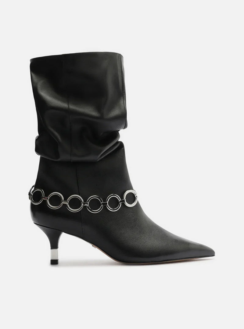 Bota Preta Couro Salto Fino Slouchy Metais