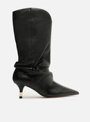 Bota Preta Couro Cano Médio Salto Fino Slouch