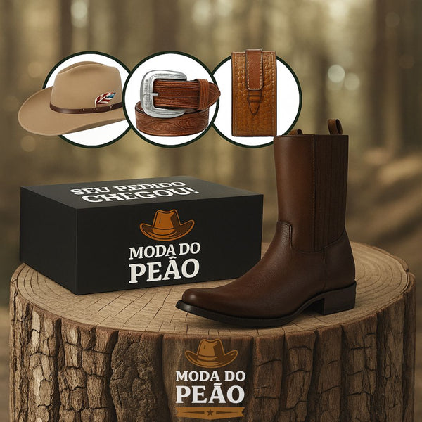 Kit Bota Maverick Masculino de Couro Legítimo + 3 BRINDES: Cinto, Chapéu e Carteira