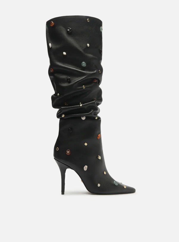 Bota Preta Couro Salto Fino Slouchy Pedras