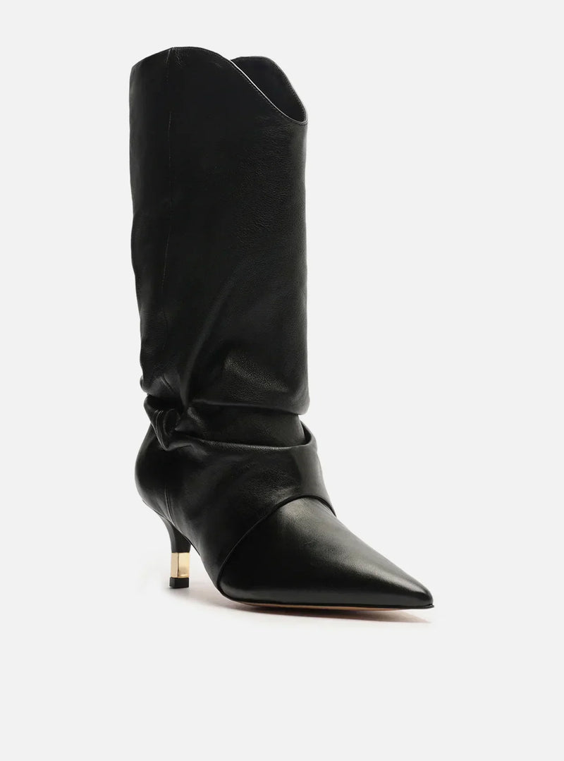 Bota Preta Couro Cano Médio Salto Fino Slouch