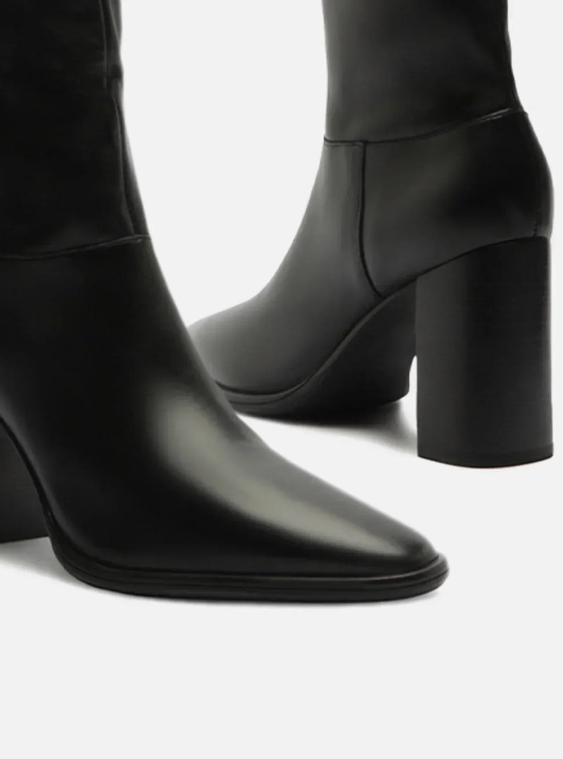 Bota Over The Knee Preta Couro Salto Alto