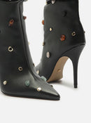 Bota Preta Couro Salto Fino Slouchy Pedras