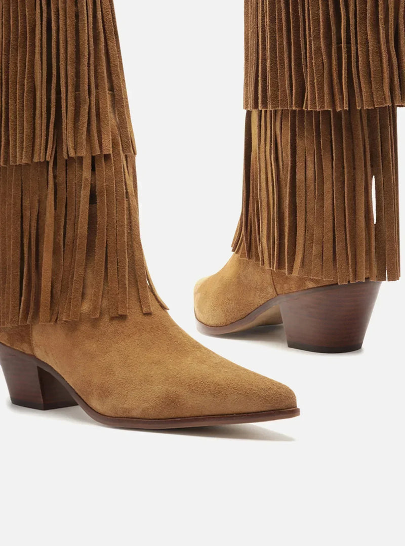 Bota Marrom Suede Cano Médio Bloco Franjas