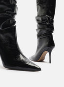 Bota Preta Couro Crinkle Cano Longo Salto Alto Slouch